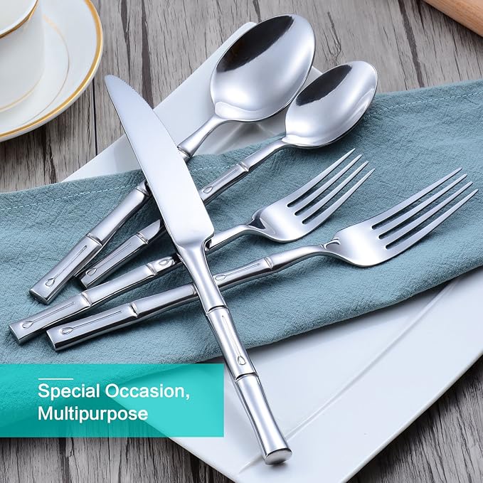 Silverware Set Stainless Steel Flatware Set 30 Pieces Cutlery Set Bamboo Handle Mirror Finished for Home Kitchen Restaurant Hotel Cutlery Set Service for 6