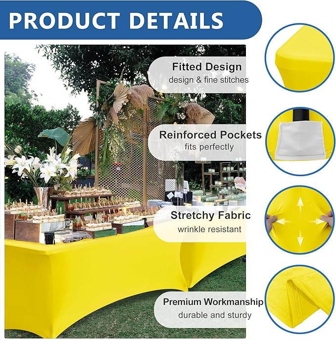 Enjoyidea Spandex Table Cloths for 8 Foot Rectangle Tables-6 Pack Fitted Stretch Yellow Table Covers-Elastic Folding Tablecloths for Party, Vendor Booth Display, Banquet Buffet Event, Craft Trade Show