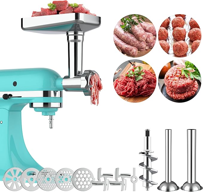Metal Meat Grinder Attachments for Kitchen Aide Stand Mixers,16Pcs Meat Grinder Accessories Set,Sausage Stuffer,Replace KSMFGA KSMMGA Attachment for Kitchen Aid Standing Mixer,Easy to Use and Clean
