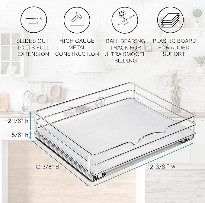 Pull Out Cabinet Organizer for Spices, Cans - Heavy Duty with Lifetime Limited Warranty- Pull Out Spice Rack- Cabinet Pull Out Shelf for Cans,Dishes, Etc, 12-3/8"Wx 10-3/8"D x 2-3/4??H, Chrome