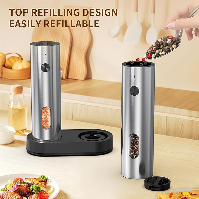 Electric Salt and Pepper Grinder Set (with Rechargeable Base), Featuring LED Lighting, Ideal for Kitchen and Outdoor Use.