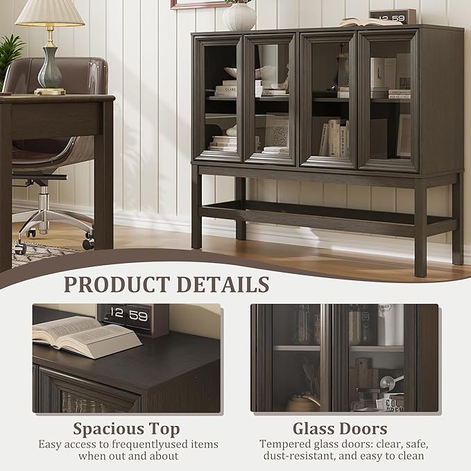 Sideboard Buffet Cabinet with Storage, Large Kitchen Coffee Wine Bar Cabinet with Glass Press-to-Open Doors, Wood Mid Century Modern Side Board Table for Dining Room, Living Room