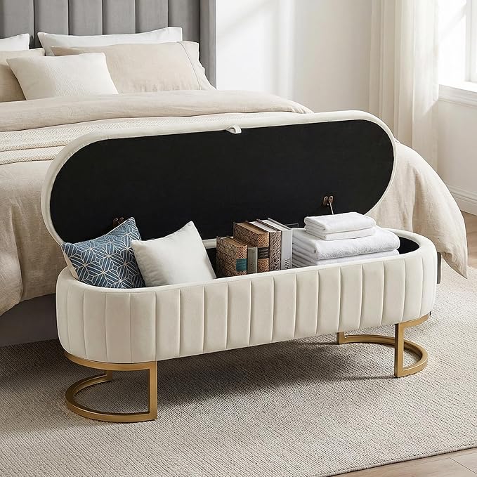 VIROL 51 Inch Storage Ottoman Bench Velvet End of Bed Storage Bench King Size Upholstered Tufted Bench Large Space for Bedroom Living Room Entryway Beige