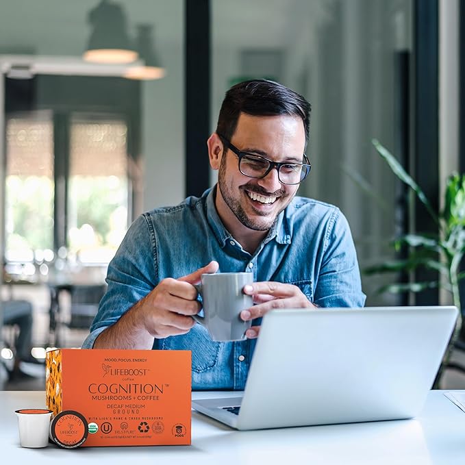 Lifeboost Cognition Decaf Mushroom Coffee Pods ??Organic Low Acid Decaf K-Cups with Lion?셲 Mane & Chaga Adaptogens ??Nootropic Coffee for Focus, Energy & Immune Support ??10 Count