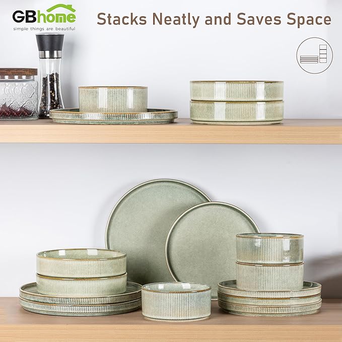 GBHOME Stoneware Dinnerware Sets for 6,Round Reactive Glaze Ceramic Plates and Bowls Set,Highly Scratch Resistant | Dishwasher & Microwave Safe Dishes Set,Service for 6(18Pcs),Desert Sage