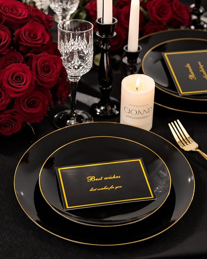 Nervure 100PCS Black and Gold Plastic Plates - 10.25 inch Black Disposable Plates - Gold Rim Dinner Plate - Black Dinner Plate Ideal for Wedding & Party & New Year