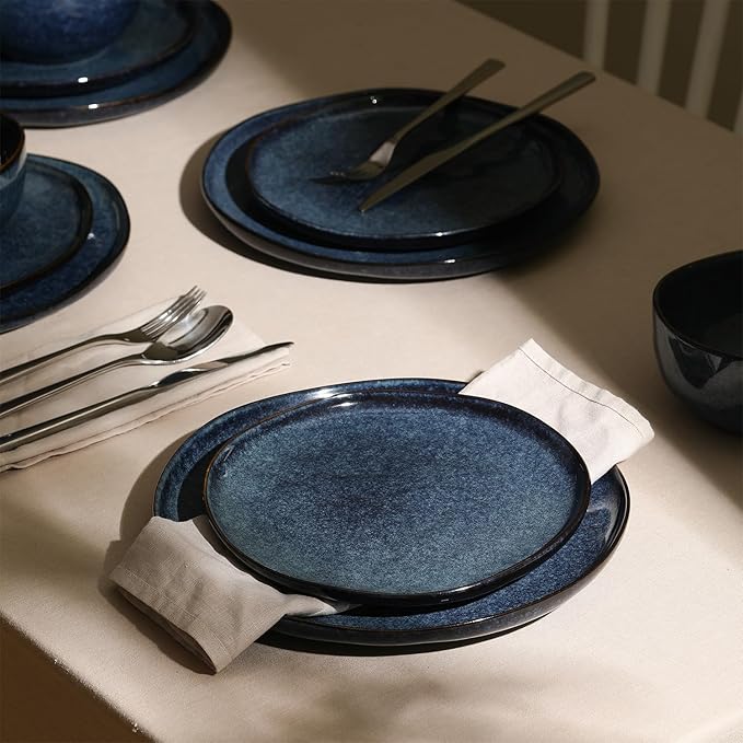 Stone + Lain Mirella 12-Piece Stoneware Dinnerware Set, Service for 4, Reactive Glaze, Deep Blue ??Includes Dinner Plates, Salad Plates, and Bowls ??Modern Artisanal Design