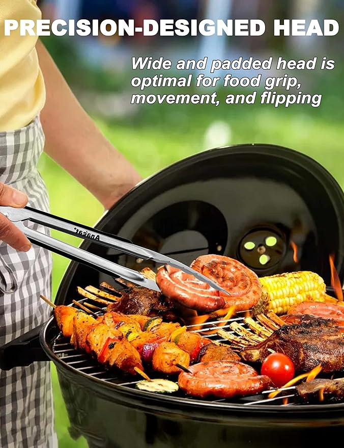 Anaeat Premium Kitchen Locking Tong Set of 3 - Heavy Duty Stainless Steel Food Tongs with Long Handle & Non-Slip Silicone Grip for Cooking, Baking, Grilling - Heat Resistant up to 480째F