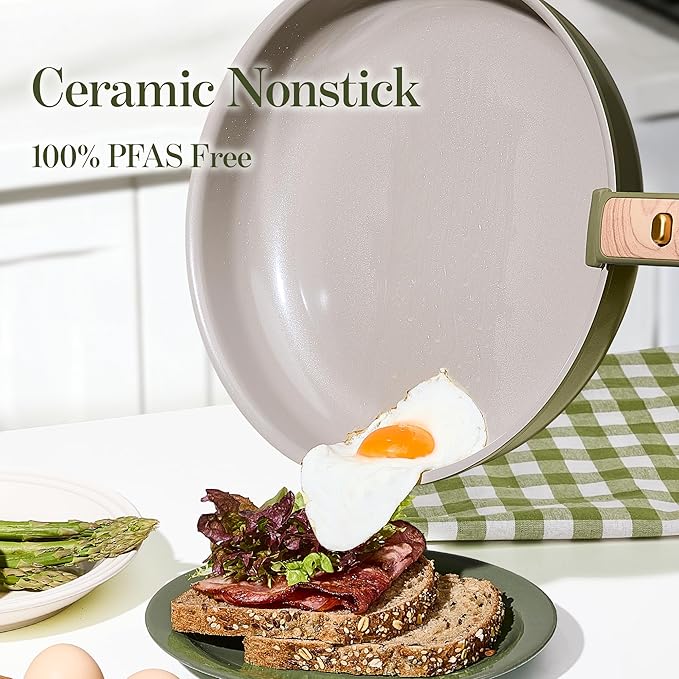 CAROTE 18 Pcs Ceramic Cookware Set Detachable Handle, Non Toxic Pots and Pans Set Non Stick, Induction Kitchen Cookware Removable Handles, Oven Safe, Stackable RV/Camping Cooking Set, Green