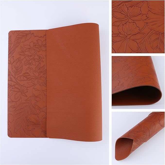 DRMHM Set of 6 Faux Leather Flower Placemats for Kitchen Dining Table Decor, Washable Table Placemats Wipeable Table Mat 18 * 12in Brown