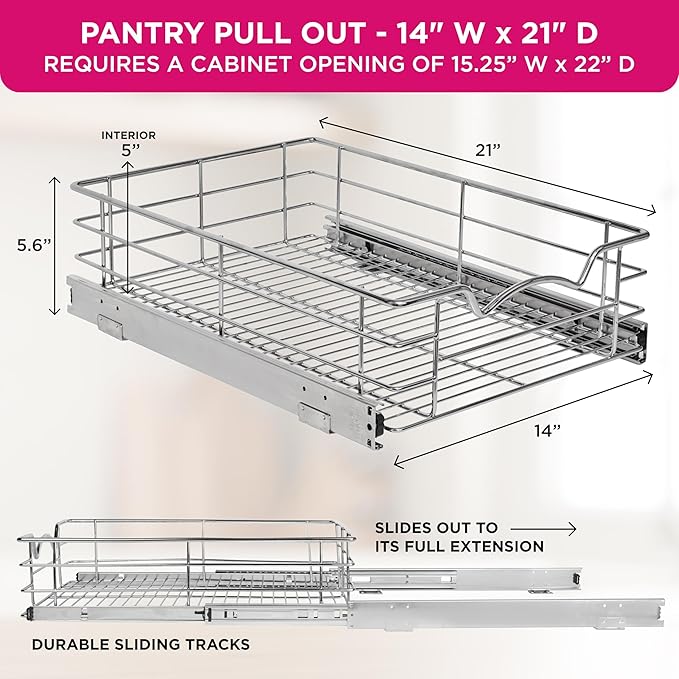 HOLDN??STORAGE Heavy-Duty Premium Collection Pull Out Cabinet Organizer, Cabinet Drawer Slide Outs, Lifetime Limited Warranty - Basket Size 14" W x 21" D x 5" H, Anti-Rust Chrome Finish | Heavy-Duty, Premium Collection, Slide Out Caddy, Anti-Rust