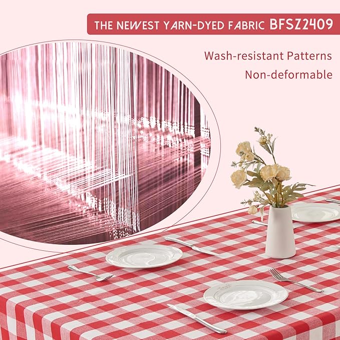 BALCONY & FALCON Gingham Table Cloth Rectangle ??Reversible Water-Resistant Cotton Checkered Tablecloth for Outdoor Picnic, Camping, Kitchen, Holiday Party Decor (Red White, 55x95 Inch)
