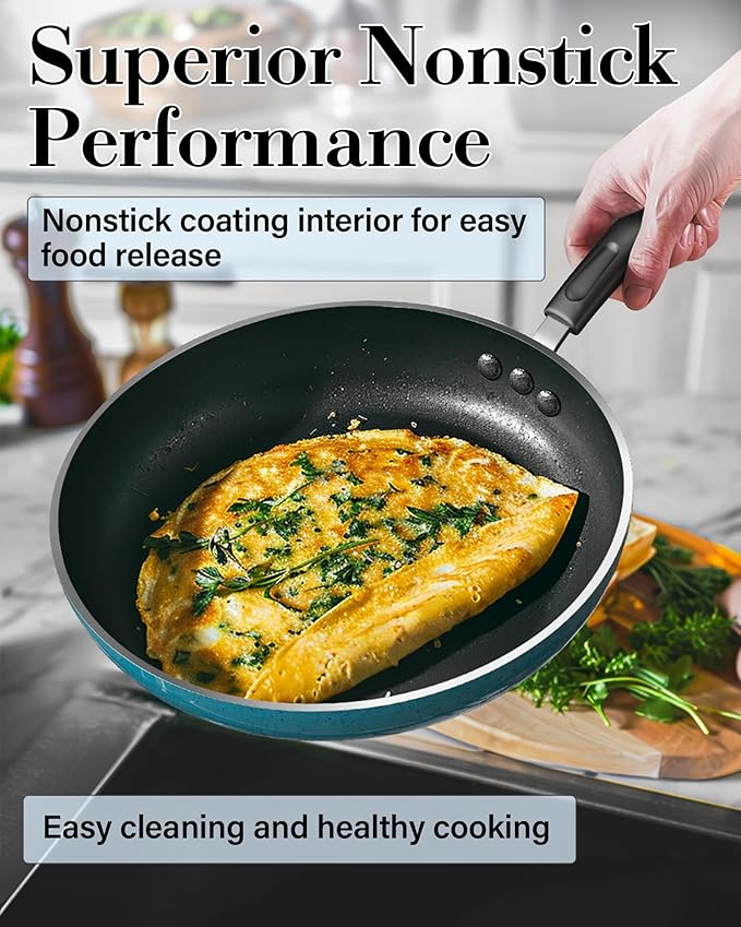 Cook N Home Pots and Pans Nonstick Cookware Set 10-Piece, Belly Shape Kitchen Cooking Set with Frying Pans and Saucepans, Induction Compatible, Turquoise