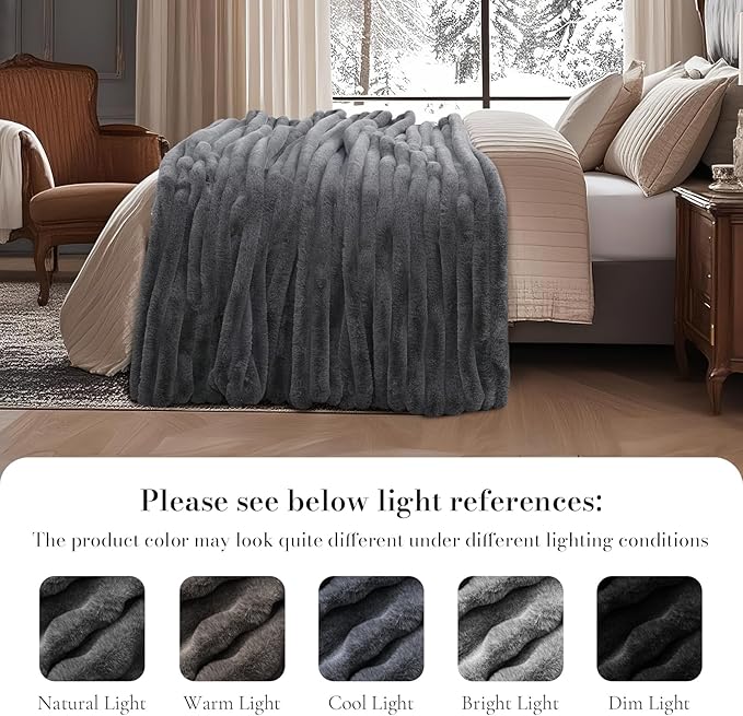 Am챕lie Home Faux Fur Throw Blanket for Couch, Ultra Cozy Fuzzy Fluffy Fur Luxurious Soft Striped Plush Gift Blankets for Family Sofa Chair Bedroom, 60"x80", Cationic Wolf Gray