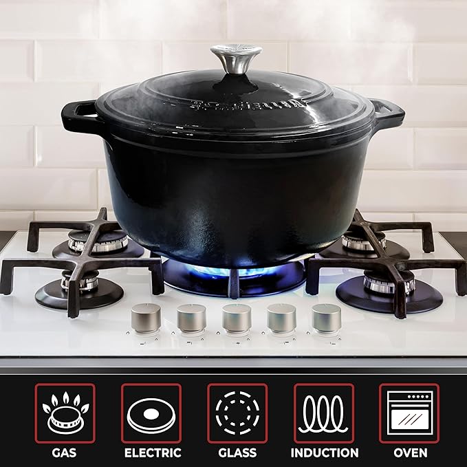 MUELLER HOME 6 Quart Enameled Cast Iron Pot Dutch Oven, Heavy-Duty Oven-Safe up to 500째 F, & Across All Cooktops, Casserole Dishes for Ovens, Bread Pan with Lid and Knob, Cast Iron Cookware, Black