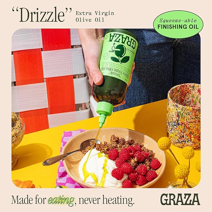 Graza Drizzle Extra Virgin Olive Oil, Finishing Oil - High Polyphenol Early Harvest EVOO Finishing Oil in a Squeeze Bottle - Single Farm Olives from Spain - 11.8 Fl Oz (350ml)