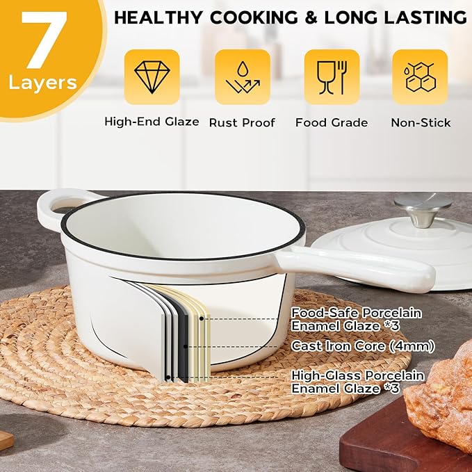 Onader 1QT Sauce Pan, Enameled Cast Iron Saucepan Dutch Oven Pot with Lid, Small Cooking Sauce Pot, Nonstick & Oven Safe ??White