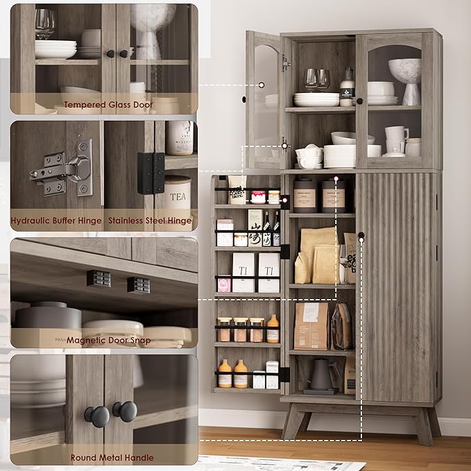 QUW 63.4" Kitchen Pantry Storage Cabinet, Tall Pantry with Glass Doors and Adjustable Shelves, Modern Freestanding Floor Cabinet Cupboard for Kitchen, Living Room, Dining Room, Grey