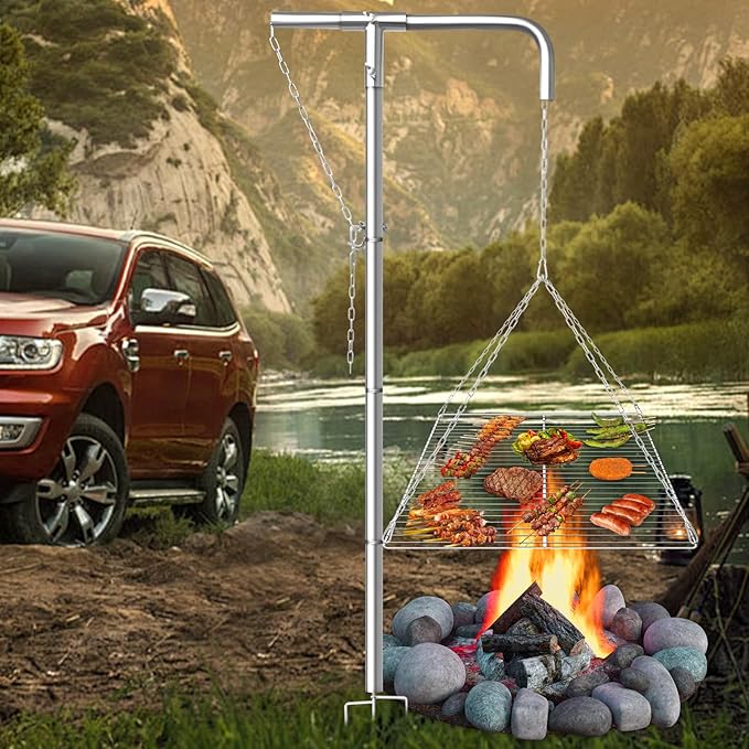 Stainless Steel Campfire Grill - Adjustable Height,360째 Rotatable & Foldable Camp Fire Cooking Equipment,Heavy Duty Portable Outdoor Open Flame Grilling Rack for Camping