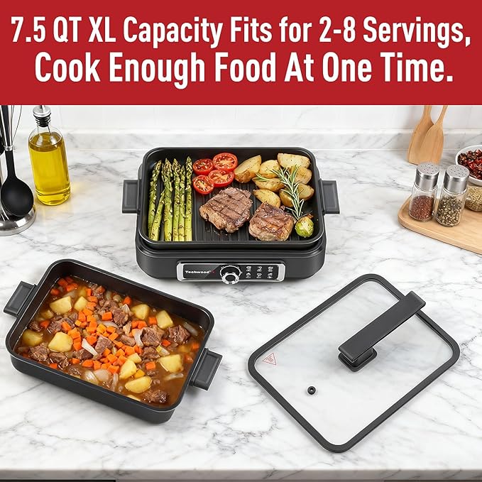 Slow Cooker, Techwood Electric Skillet 7.5-Quart Extra-large Capacity Multi-Cooker with 5-Level Heat Settings, Come with Non-stick Skillet Pan & Cooking Pot, Dishwasher Safe, Black