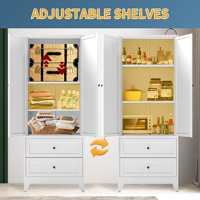Kitchen Pantry Cabinet, 72" H Storage Cabinet with Doors and Adjustable Shelves, Metal Bathroom Cabinets with Drawers, Utility Cabinets for Kitchen, Living Room, Assembly Required, White