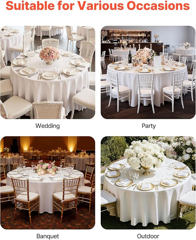 VEVOR White Round Tablecloths 10 Pack, 90 Inches in Diameter, Stain- & Wrinkle- Resistant, Machine Washable Table Clothes, Polyester Fabric Table Covers for Wedding, Party, Banquet, Formal Events