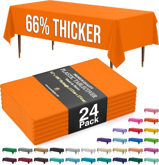 Exquisite 66% Thicker Premium Plastic Table Cloth Rectangle Table Cover 0.5 Mil 24 Pack Orange Table Cloth 54 Inch x 108 Inch Disposable Tablecloth Won't Tear Easily Like Cheap Thin Brands