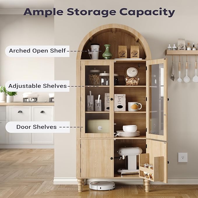 71" Tall Arched Pantry Cabinet, Modern Kitchen Storage Cabinet with Doors, 3 Adjustable Shelves, Door Shelves, Organizer, Versatile Cupboard for Kitchen, Bathroom, Natural