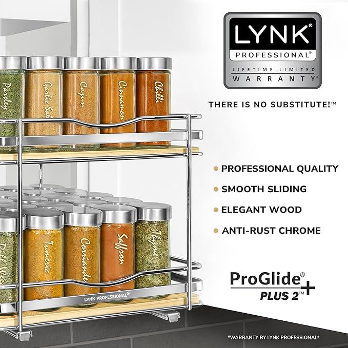 LYNK PROFESSIONAL짰 횋lite??Pull Out Spice Rack Organizer for Inside Kitchen Cabinets - 10-3/8 inch Wide - Slide Out Drawer ??Wood/Chrome Sliding Spice Cabinet Organization Shelf Racks - 2 Tier