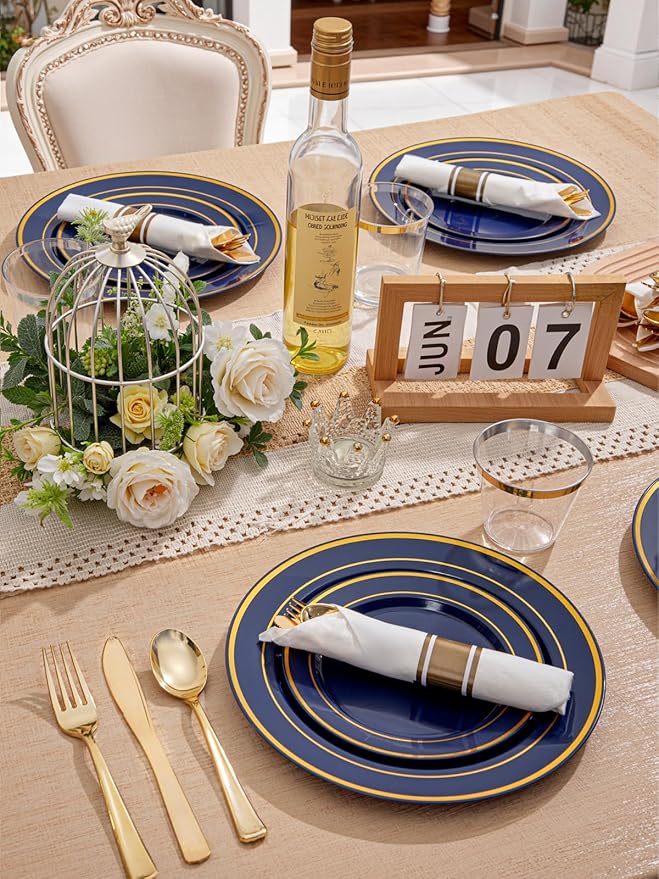 350PCS Navy Blue and Gold Plastic Plates with Rolled Napkins Include Dinner Plate 10?쇺? Dessert Plate 7?쇺? gold Cups 9 OZ, Pre Rolled Napkins 25 of each type for Party/Birthday/Wedding