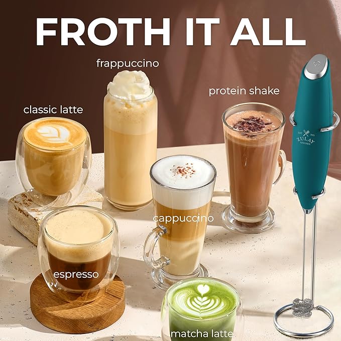 Zulay Kitchen Patented Tornado Triple Whisk Milk Frother with 4 Duracell Batteries ??Handheld Foam Maker for Coffee, Lattes, Matcha & Hot Chocolate ??Rich, Creamy Froth in Seconds
