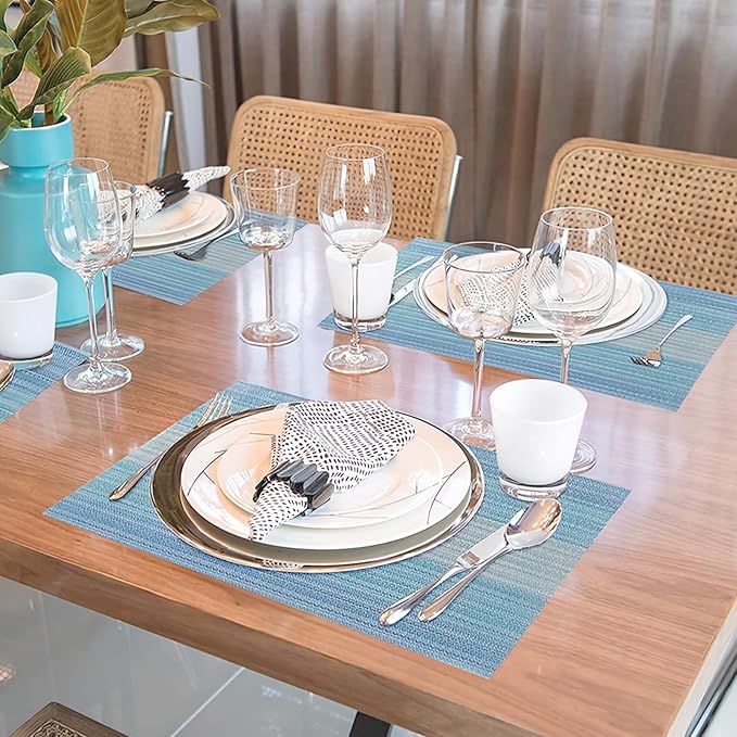 Privalace 18 x 12 inch, Set of 4 PVC Placemat, Non Slip Washable Dining Table Mats for Home Dinner Gatherings Daily Meals Kitchen Table Protection with Stylish Design, Blue