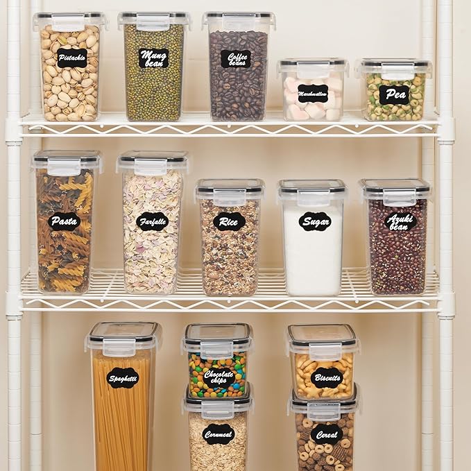 Airtight Food Storage Containers with Lids, Vtopmart 24 pcs Plastic Kitchen and Pantry Organization Canisters for Cereal, Dry Food, Flour and Sugar, BPA Free, Includes 24 Labels竊똁lack