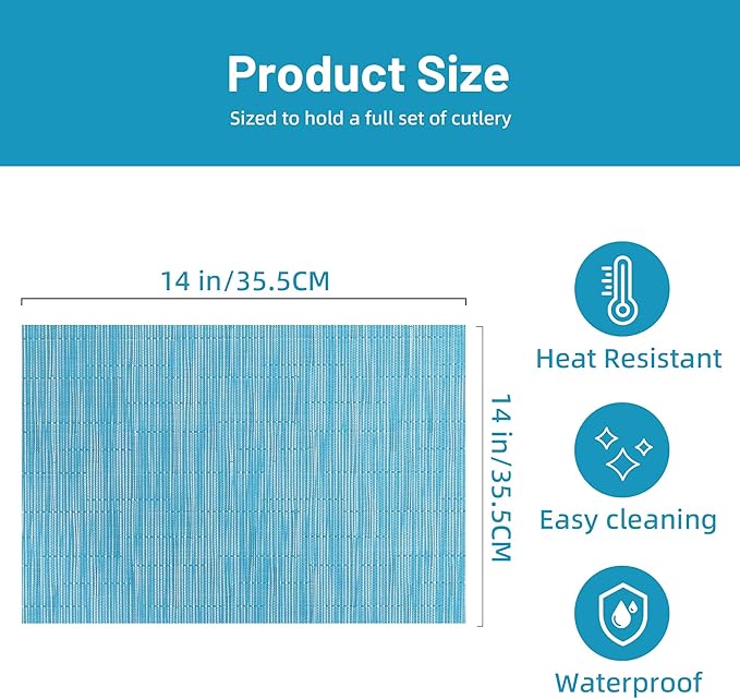 Blue Placemats Set of 6 Washable Place Mats PVC Vinyl Woven Table Mats for Dining Table Durable Heat Resistant Non-Slip Size 12 x 17 Inch