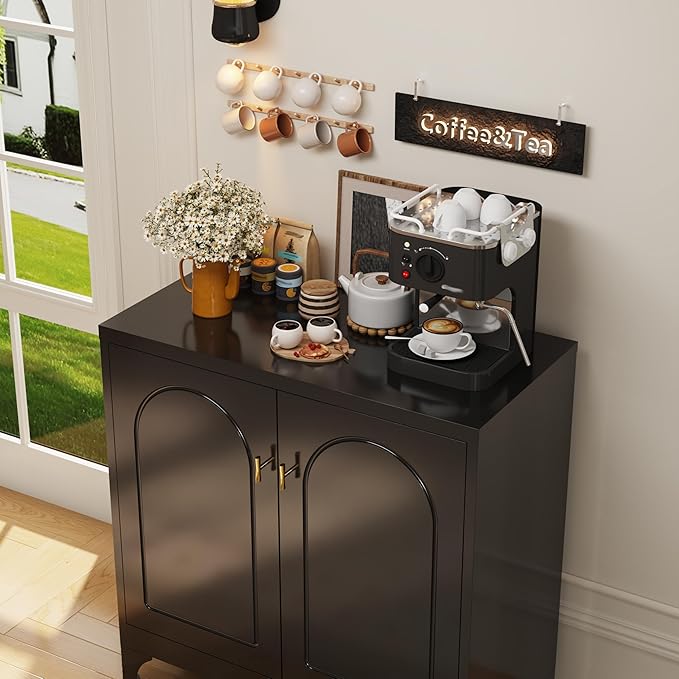 Coffee Bar Cabinet,Metal Kitchen Storage Cabinet,Buffet Cabinet with Storage and Adjustable Shelf,Black Sideboard Buffet Cabinets for Dining Room