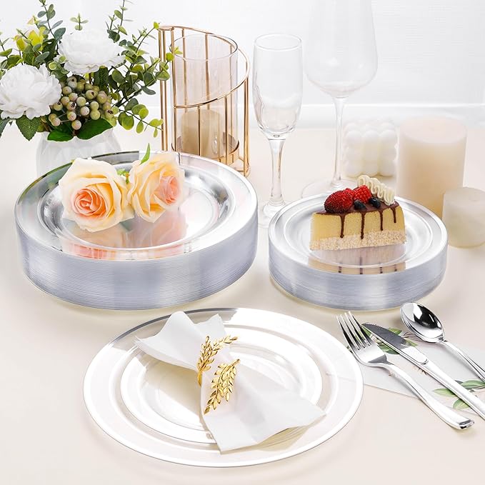 BESTSTAR 7 Inch Clear with Silver Rim Plastic Plates,100PCS Disposable Dessert/Appetizer/Small Cake Plates,Heavy Duty Plate Ideal for Christmas, Thanksgiving, Wedding and Birthday Party