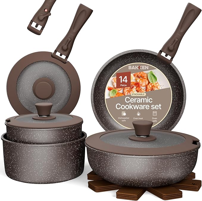 Pots and Pans Set Non Stick Ceramic-Granite ??14-Piece Cookware with Detachable Handles, Stackable Space-Saving, Dishwasher Safe, Stain-resistant, Oven & All-Stove Safe, Tempered Glass Lids, Brown