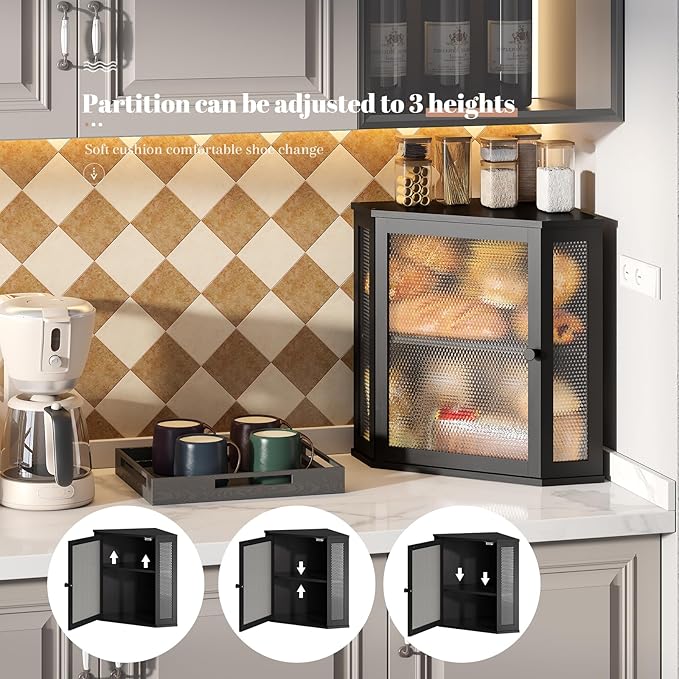 Corner Bread Box Kitchen Countertop Extra Large Capacity Farmhouse Bread Box, Corner Countertop Storage, Double Layer Bread Holder (Black, Extra Large)
