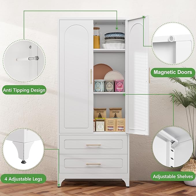 75??Tall Kitchen Pantry Cabinet,Metal Storage Cabinets with Doors and Adjustable Shelves竊똌odern Kitchen Hutch Cabinet,Freestanding Cupboard for Dining Room