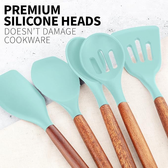 Zulay Kitchen Non-Stick Cooking Utensils Set with Authentic Acacia Wood Handles ??5-Piece Durable & Stylish Silicone Kitchen Utensils Set ??Heat Resistant to 464째F ??Aqua