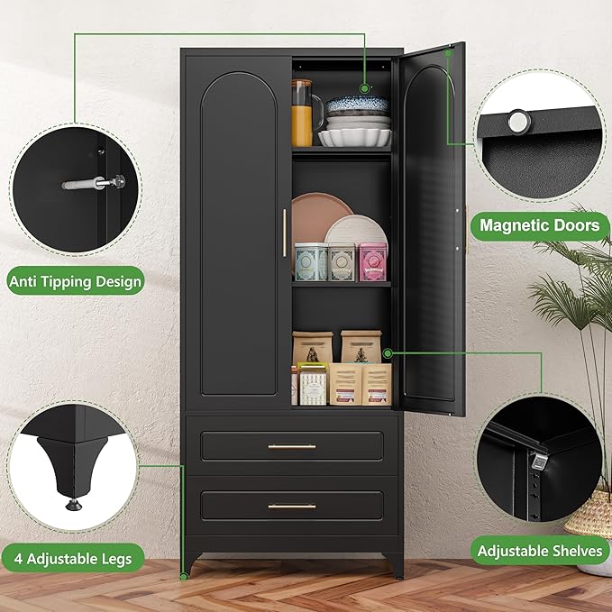 75??Metal Kitchen Pantry Storage Cabinet, Tall Storage Cabinets with Drawers and Adjustable Shelves, Modern Kitchen Hutch Cabinet竊똅reestanding Cupboard for Dining Living Room