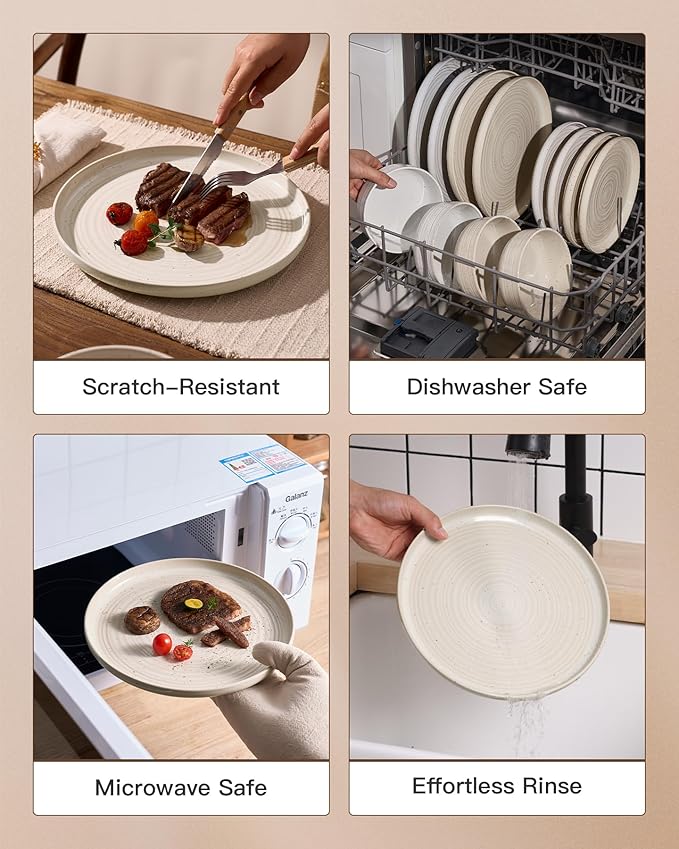 Plates and Bowls Sets for 6, Famiware Premium 18-Piece Stoneware Dinnerware Set - Reactive Glaze with Speckles & Spirals, Chip & Scratch Resistant, Dishwasher Safe, Dish Set with Gift Box, Shell Beige