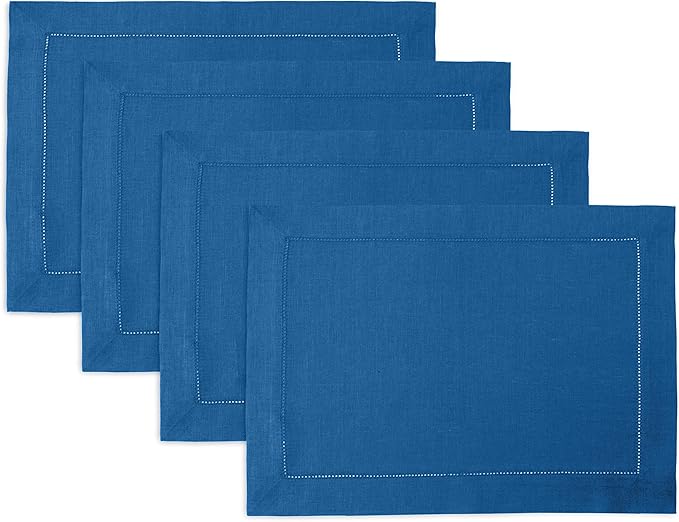 Solino Home Linen Placemats Set of 4 - Classic Hemstitch Indigo Blue Placemats 14 x 19 Inch - 100% Pure Linen Table Mats for Winter, Spring, Easter