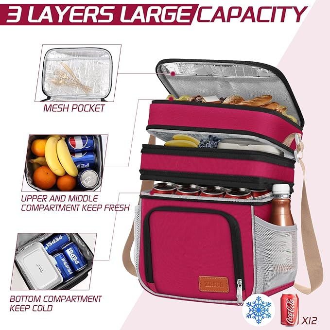 ZRSUN Insulated Lunch Bag for Women Men, Reusable 3 Layers Lunch Box Women, Expandable Reusable Water-resistant Lunch Box for Work Travel Office Picnic Hiking (Red)