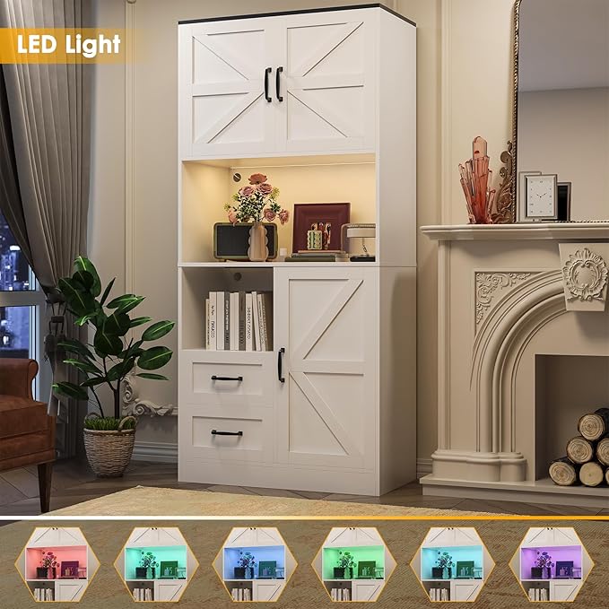 Kitchen Pantry Storage Cabinet with LED Lights and Power Strip, Tall Farmhouse Kitchen Pantry with Barn Doors and Drawers, Adjustable Shelves for Dining Living Room (White)