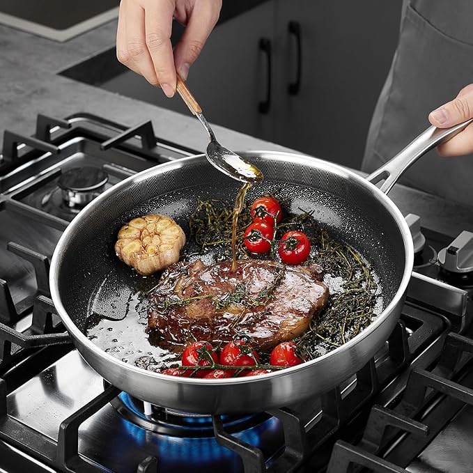 PekGema Nonstick Frying Pan 10 inch, Hybird Ceramic Frying Pan, Stainless Steel Skillet, Non-stick Oven-Safe Chef Pan, Induction Ready, PFOA PFAS FREE Cookware