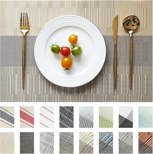 SUMYMERY Placemats Set of 4 Vinyl/Plastic Woven Place Mats for Kitchen Table Indoor/Outdoor Washable Placemat Wipeable Dining Table Mats (Ombre Glod,4)