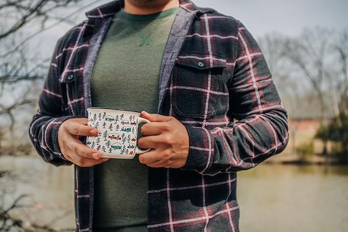 Camco Life is Better at The Campsite Ceramic Coffee Mug - Microwave and Dishwasher Safe - Features Sketched RVs Design - Coffee Cup Holds 14oz. (53383)