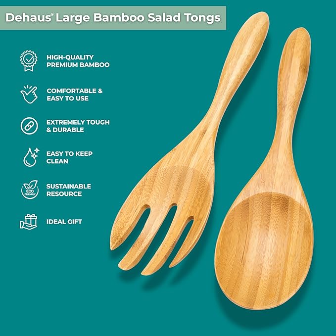 Dehaus짰 Large Premium Bamboo Salad Tongs - Eco Friendly Wooden Serving Spoons - Salad Serving Utensils - Salad Tosser Forks - Giant Wood Salad Servers - 12 inch Salad Hands