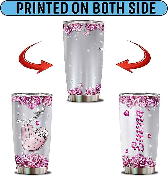 WONWIX Personalized Sloth Themed Insulated Stainless Steel Tumbler, Ideal Sloths Gifts for Women Girls Wife Daughter, 20oz Coffee Cup Mug Water Bottle, Christmas, Birthday, Mother's Day, Valentine